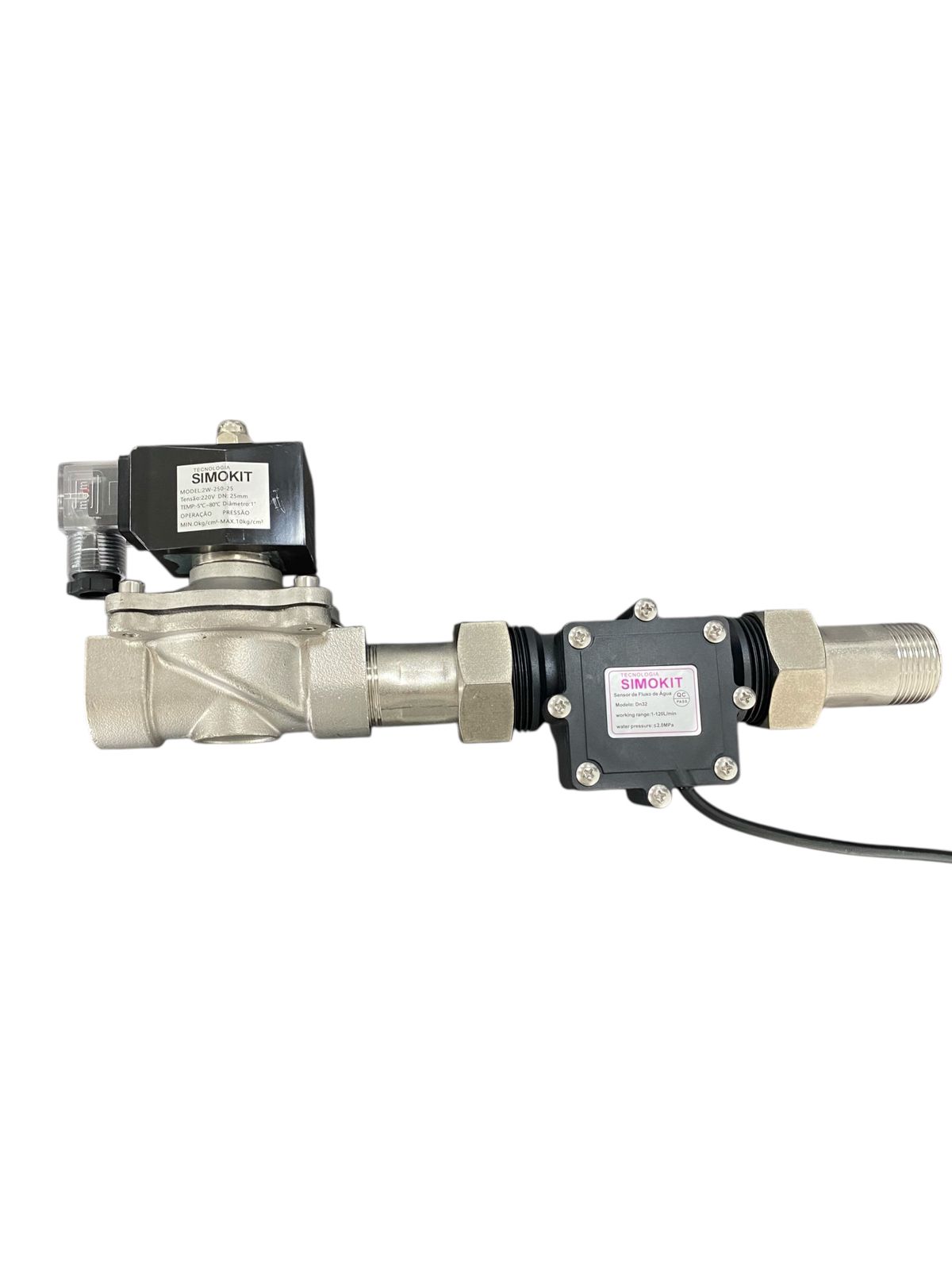 Kit Válvula Solenoide NF Inox DN25 + Sensor Fluxo DN32 + Conexões